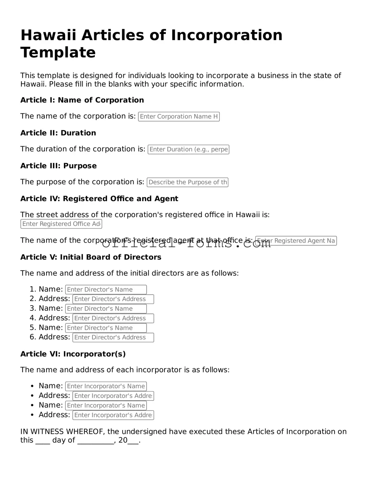 Official Hawaii Articles of Incorporation Document