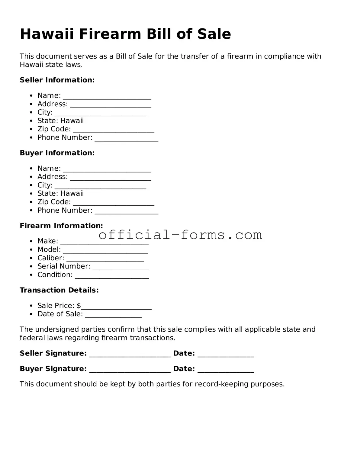 Official Hawaii Firearm Bill of Sale Document