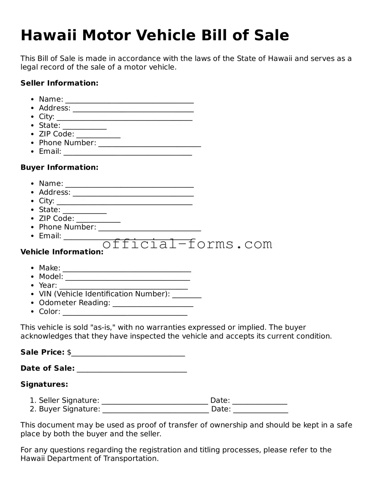 Official Hawaii Motor Vehicle Bill of Sale Document