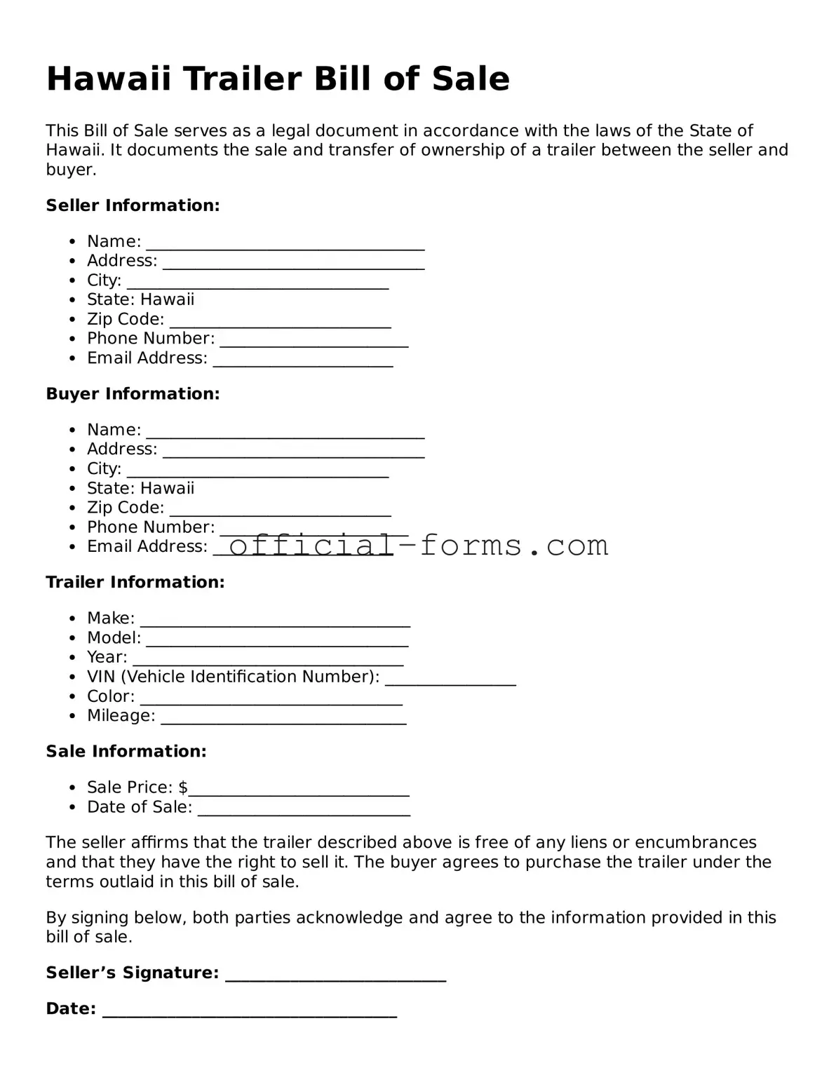Official Hawaii Trailer Bill of Sale Document