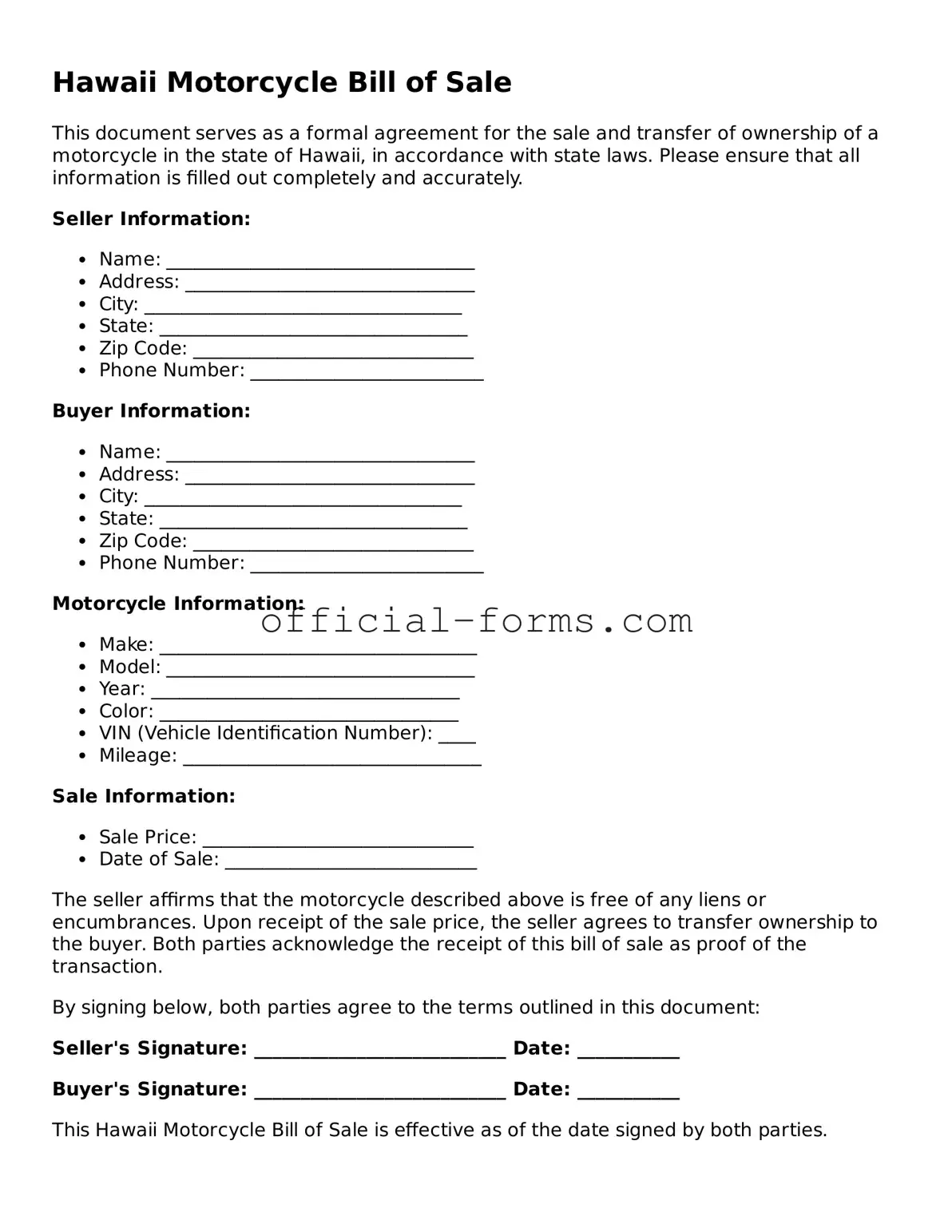 Official Hawaii Motorcycle Bill of Sale Document