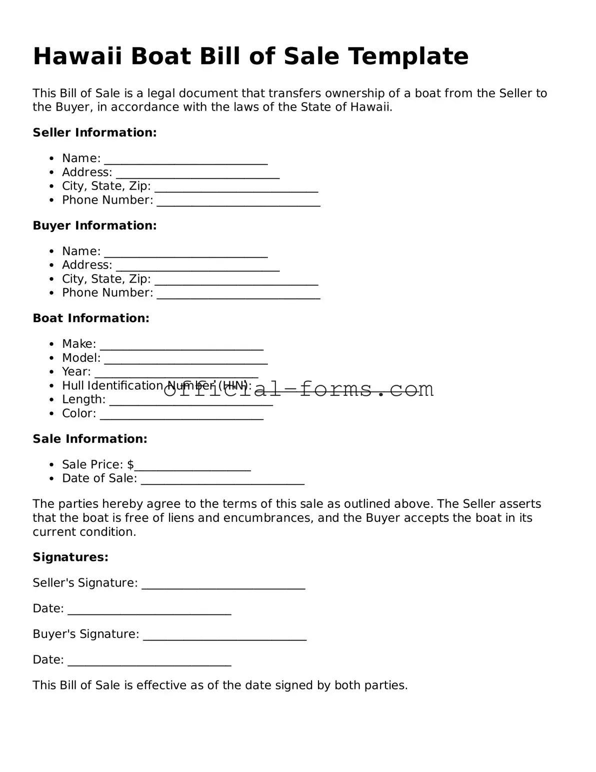 Official Hawaii Boat Bill of Sale Document