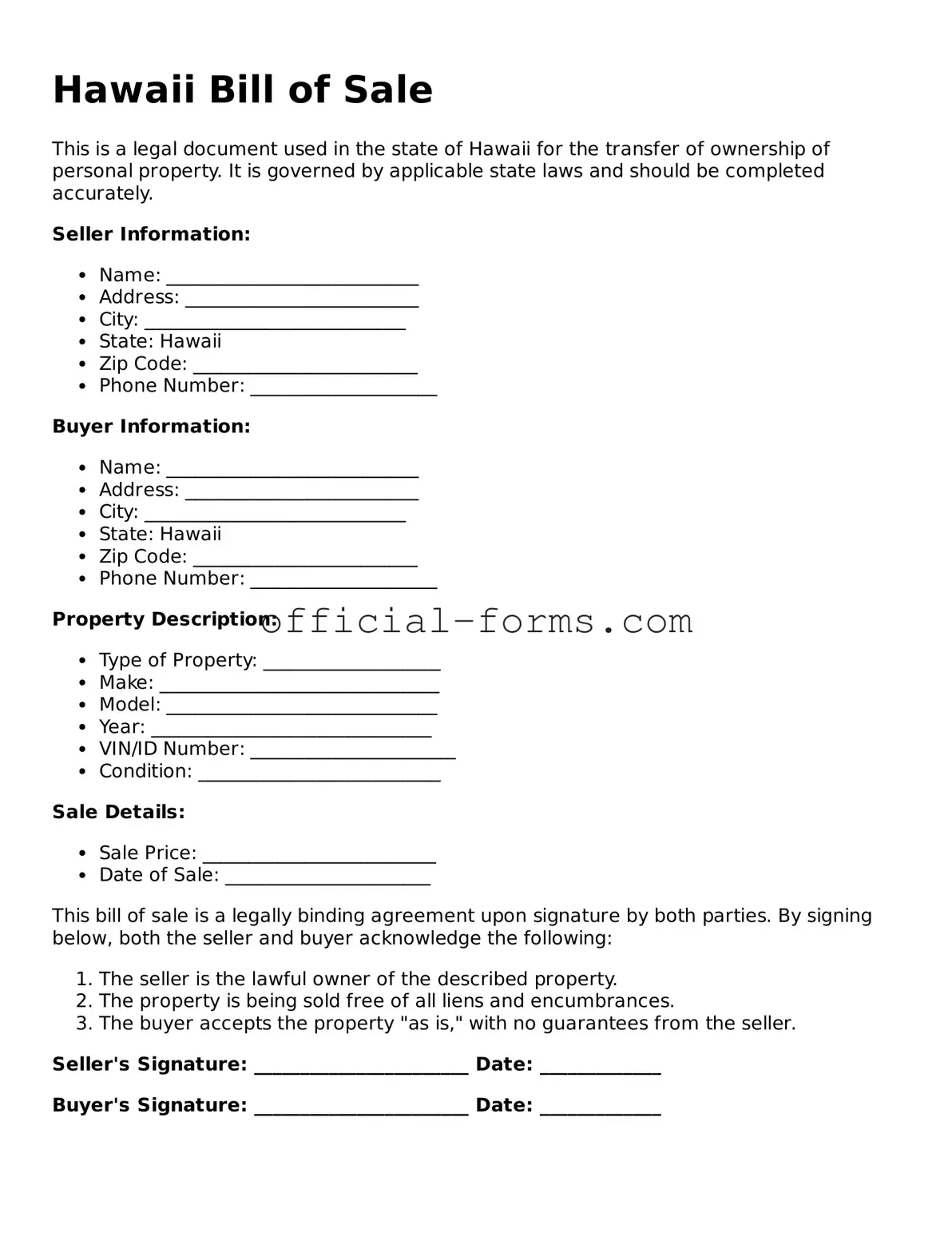 Official Hawaii Bill of Sale Document