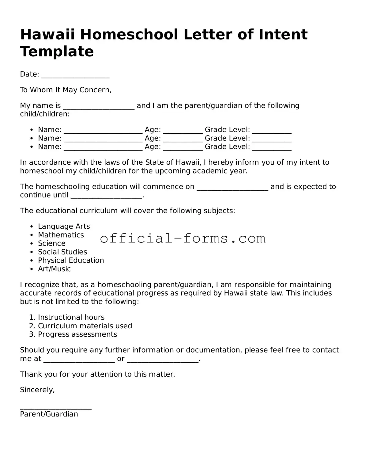 Official Hawaii Homeschool Letter of Intent Document