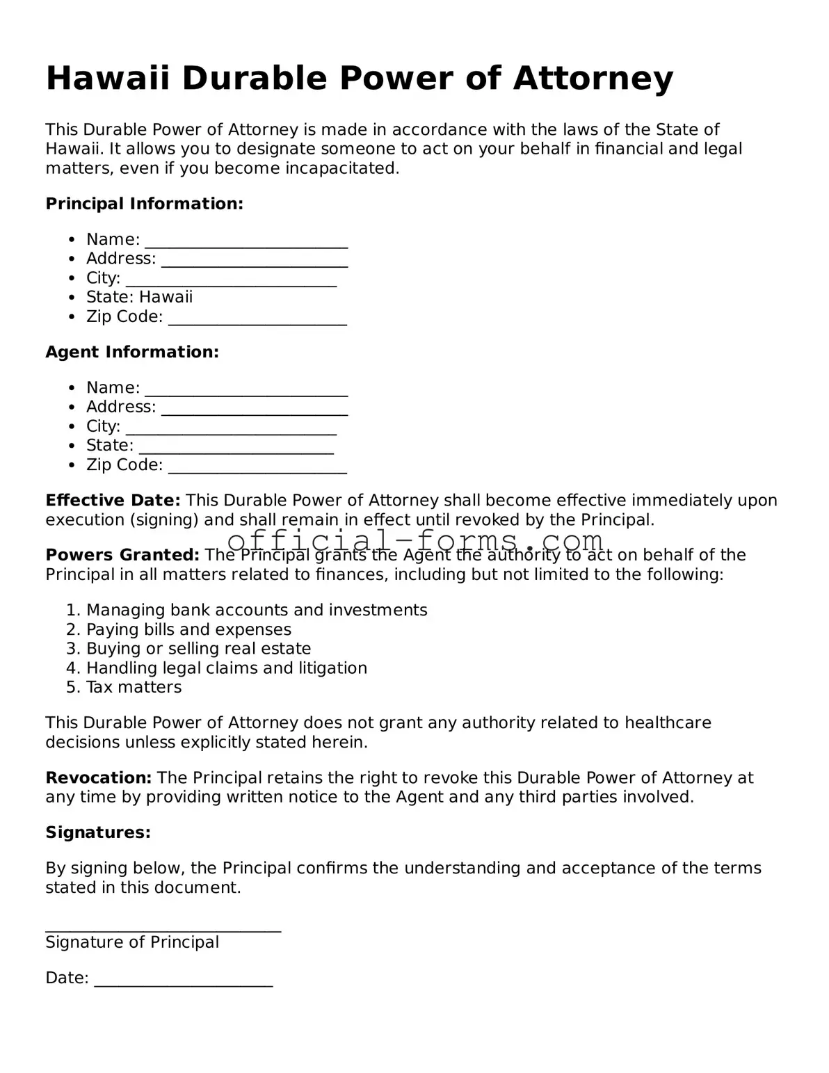 Official Hawaii Durable Power of Attorney Document