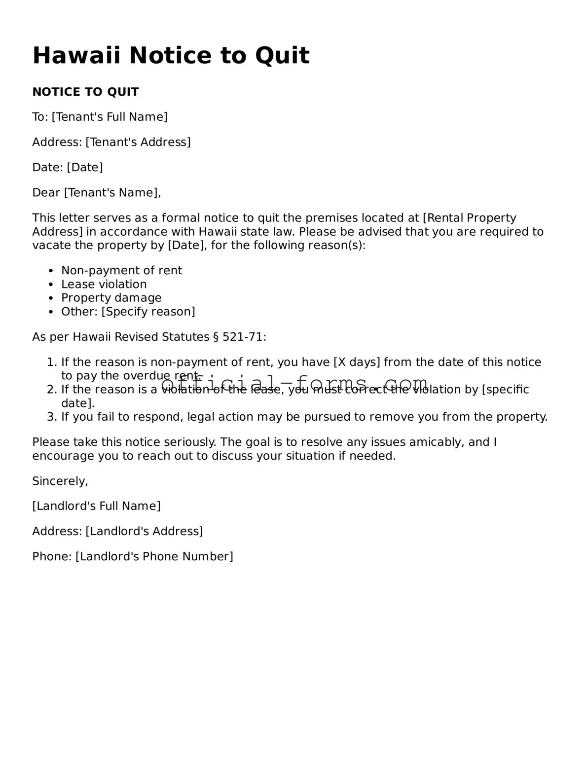 Official Hawaii Notice to Quit Document