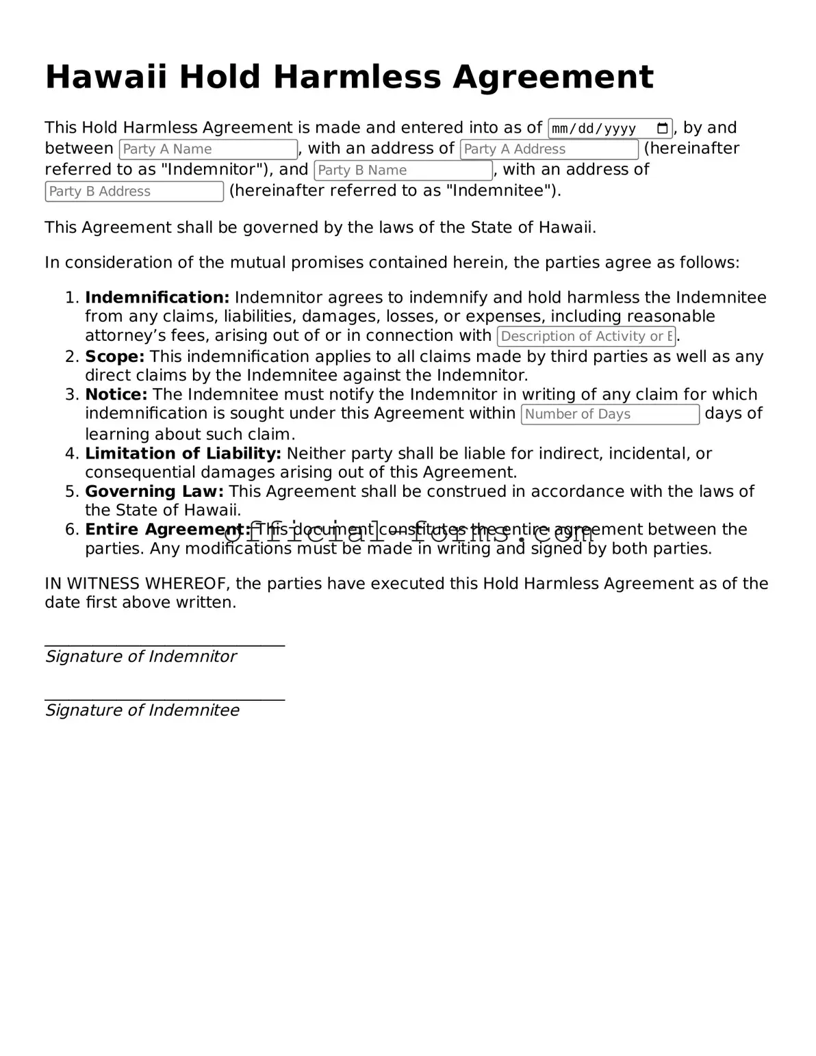Official Hawaii Hold Harmless Agreement Document