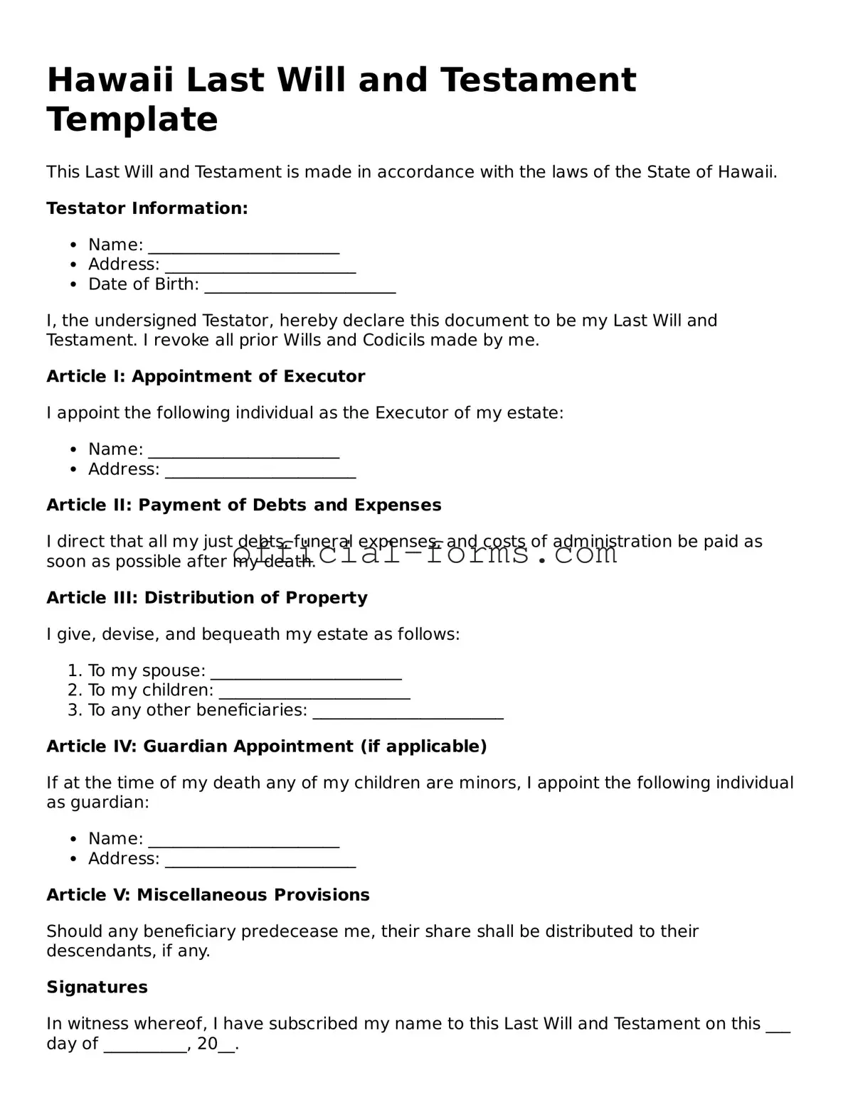 Official Hawaii Last Will and Testament Document
