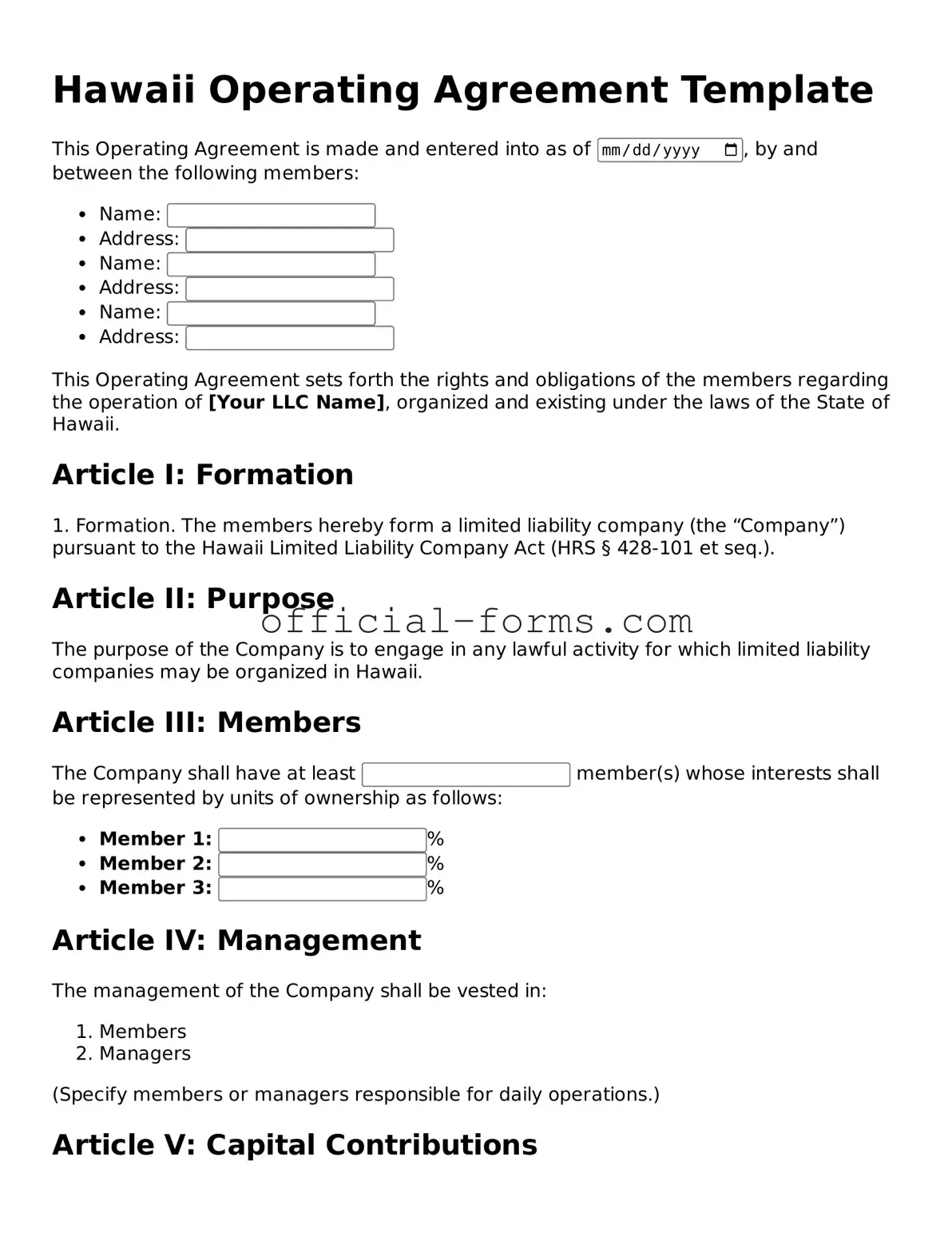 Official Hawaii Operating Agreement Document