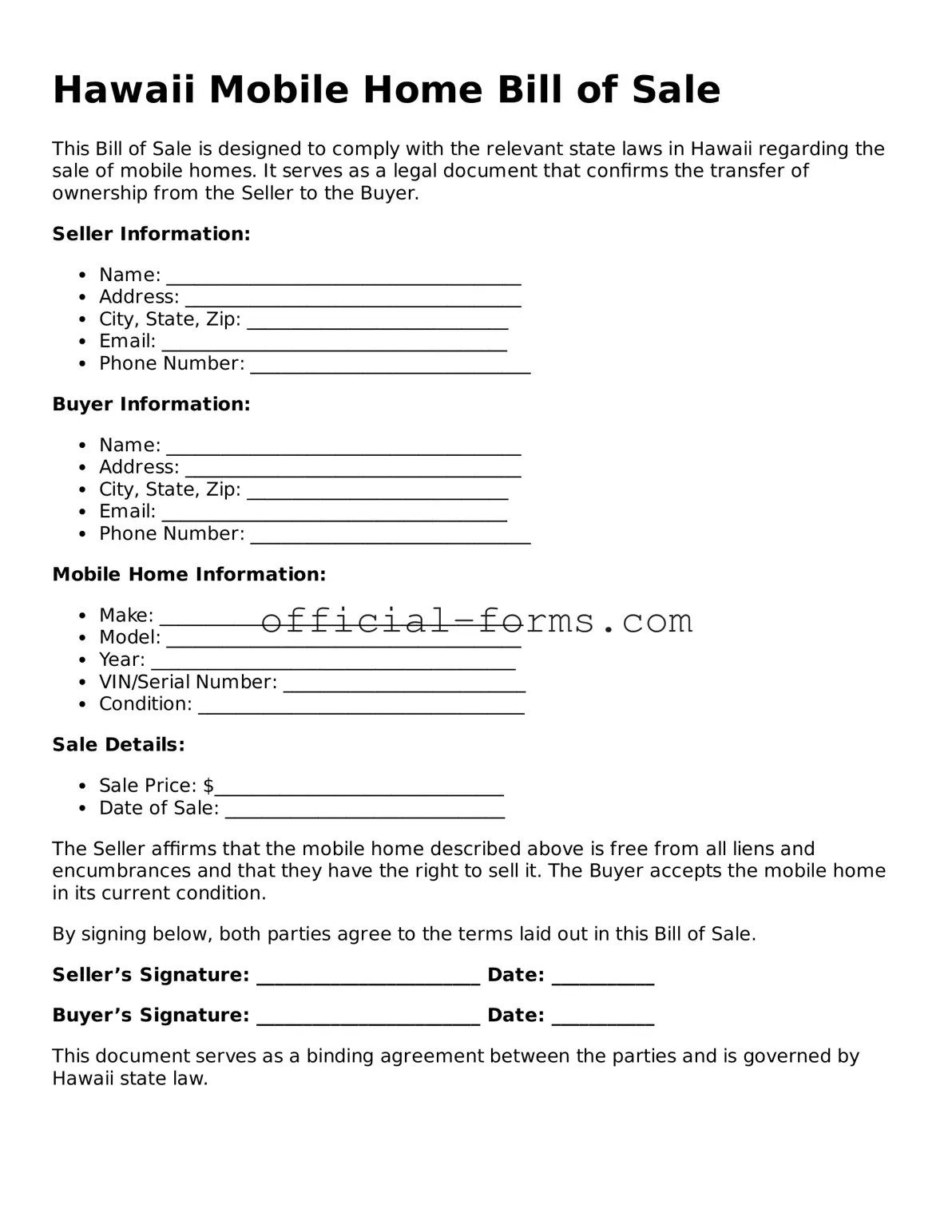 Official Hawaii Mobile Home Bill of Sale Document
