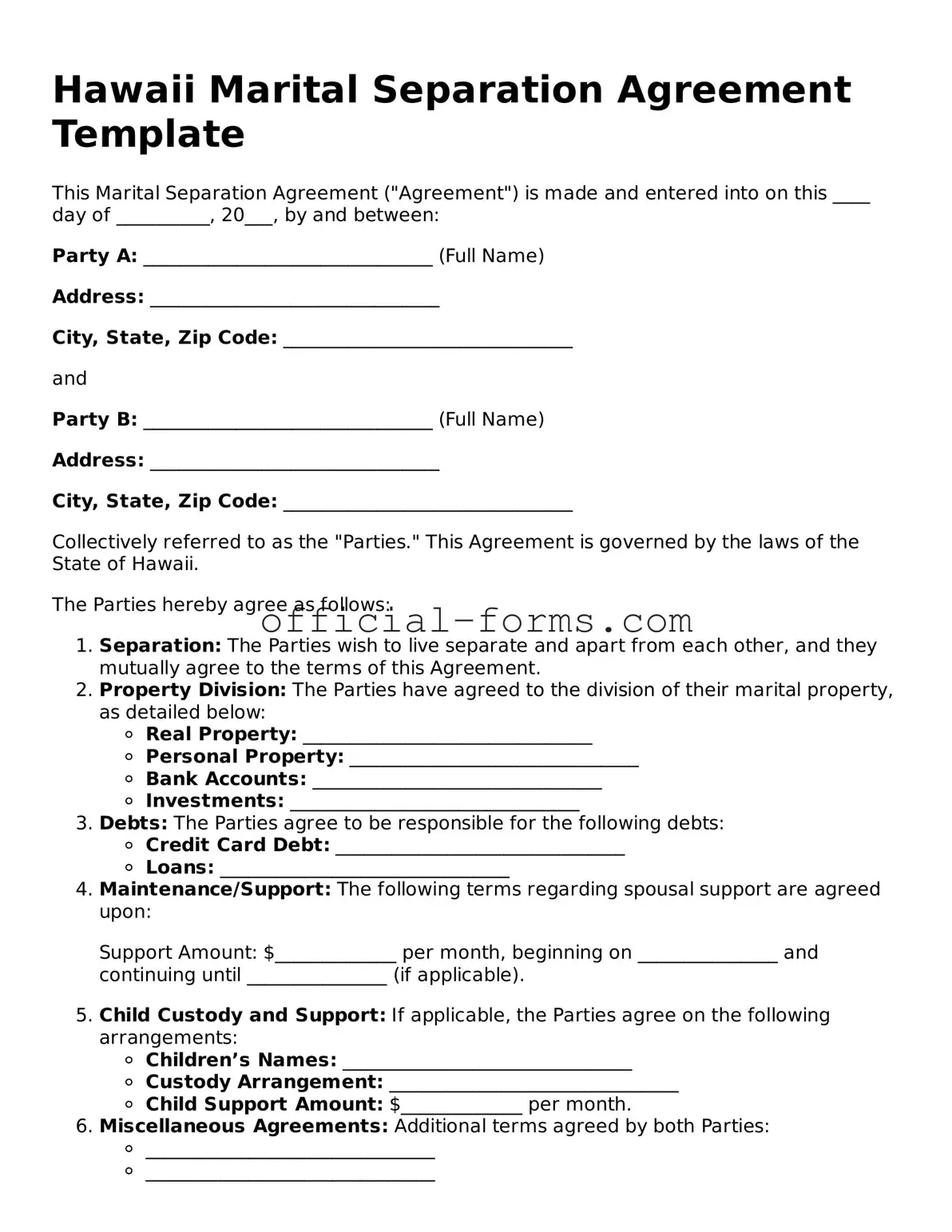 Official Hawaii Marital Separation Agreement Document