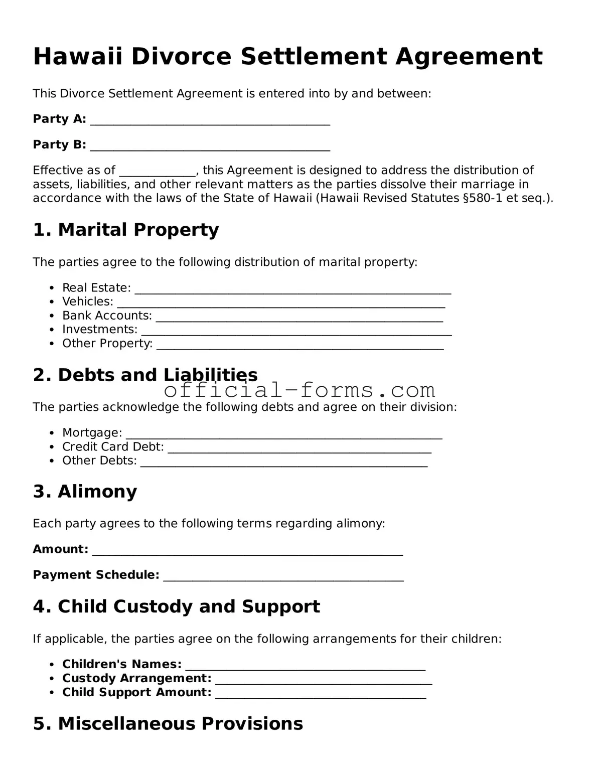 Official Hawaii Divorce Settlement Agreement Document