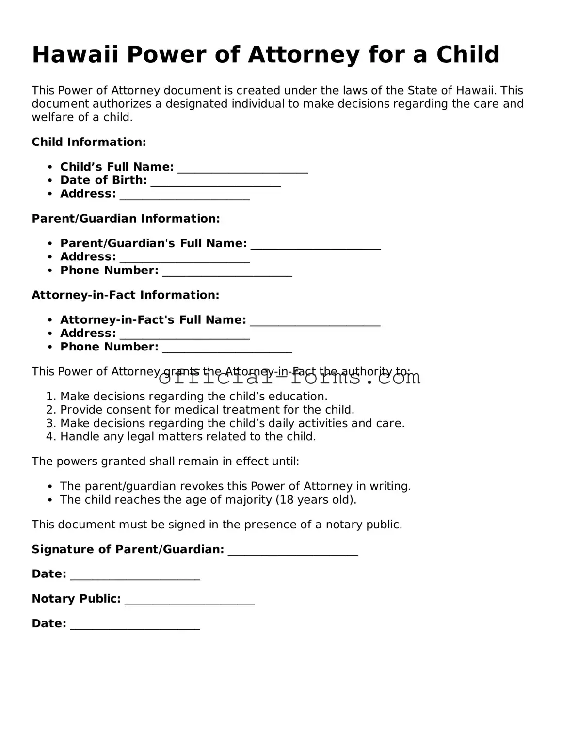 Official Hawaii Power of Attorney for a Child Document
