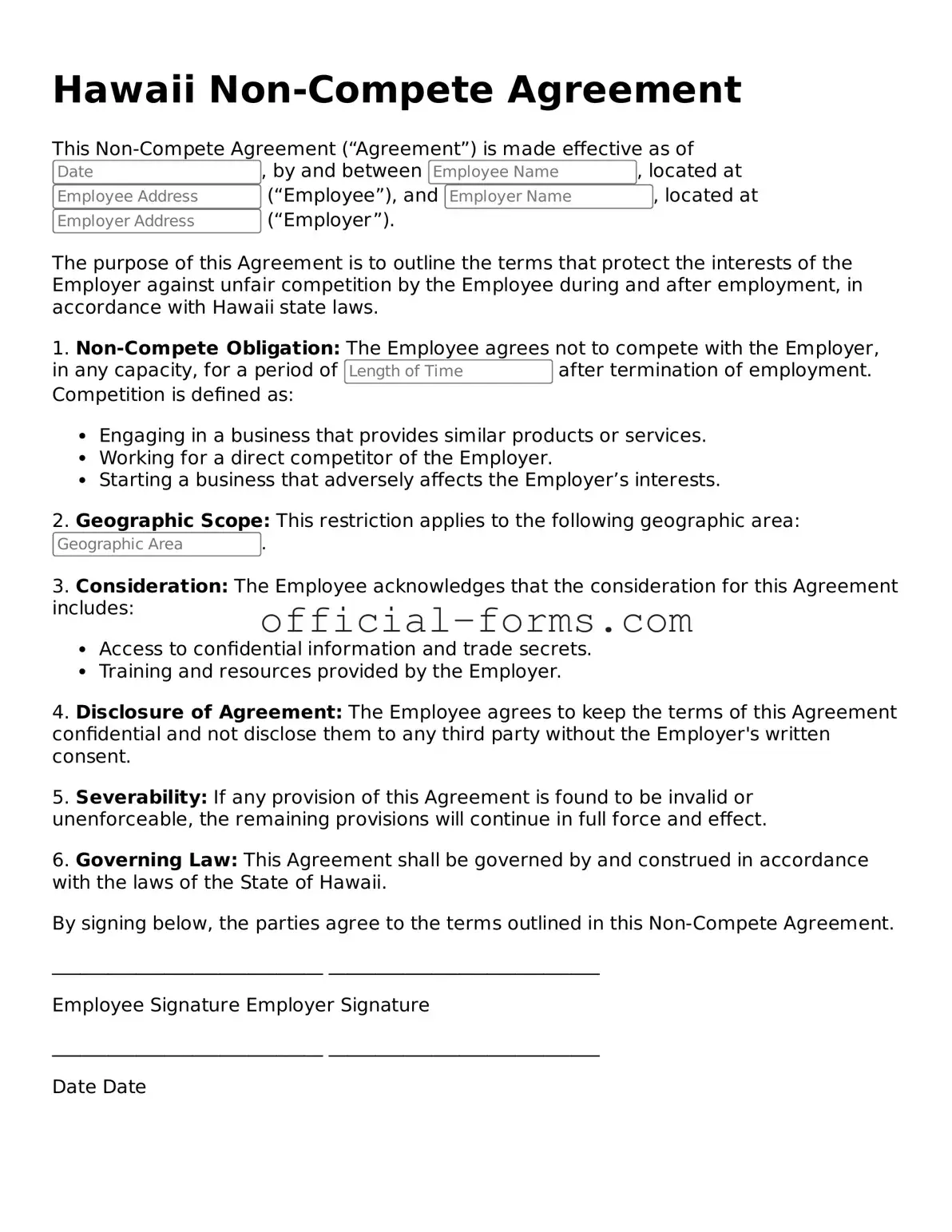 Official Hawaii Non-compete Agreement Document