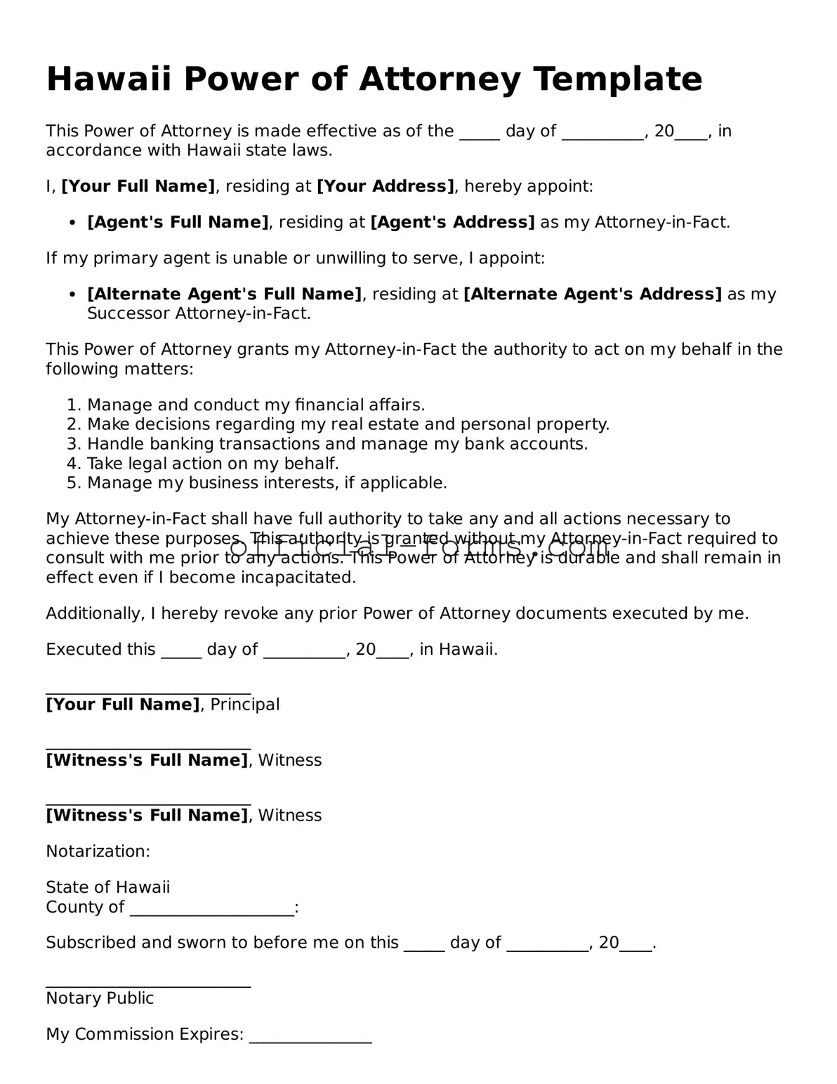 Official Hawaii Power of Attorney Document