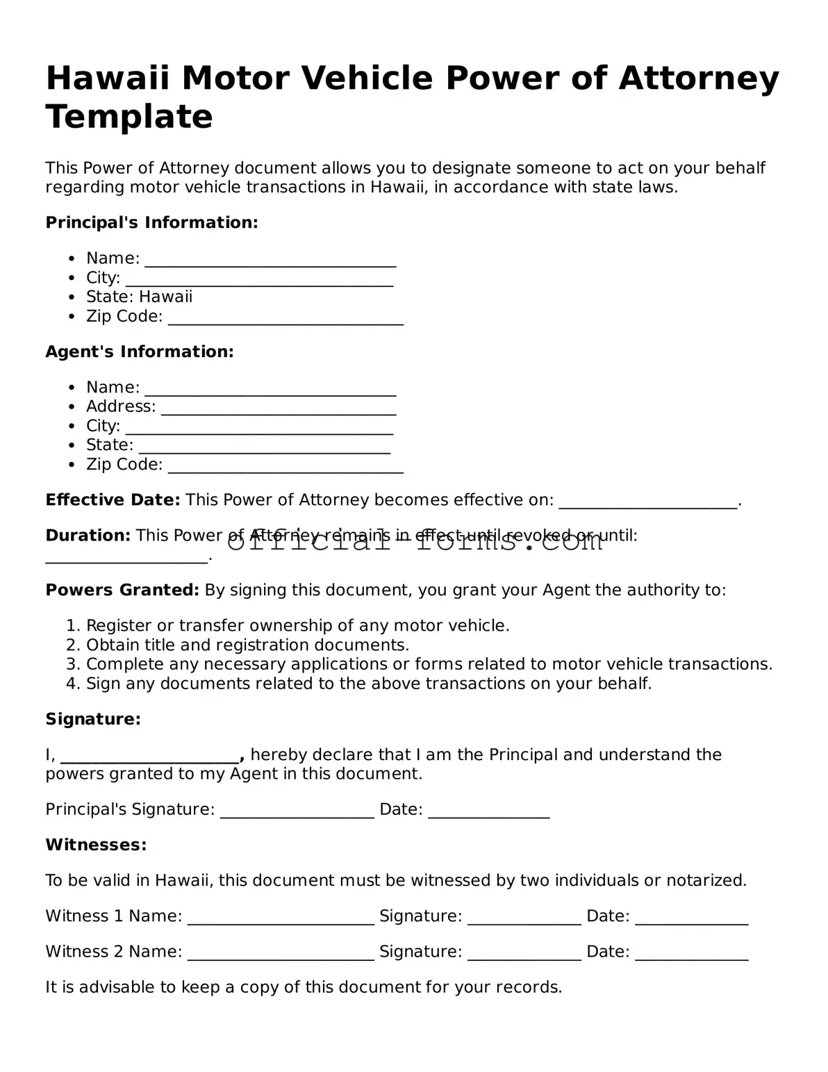 Official Hawaii Motor Vehicle Power of Attorney Document