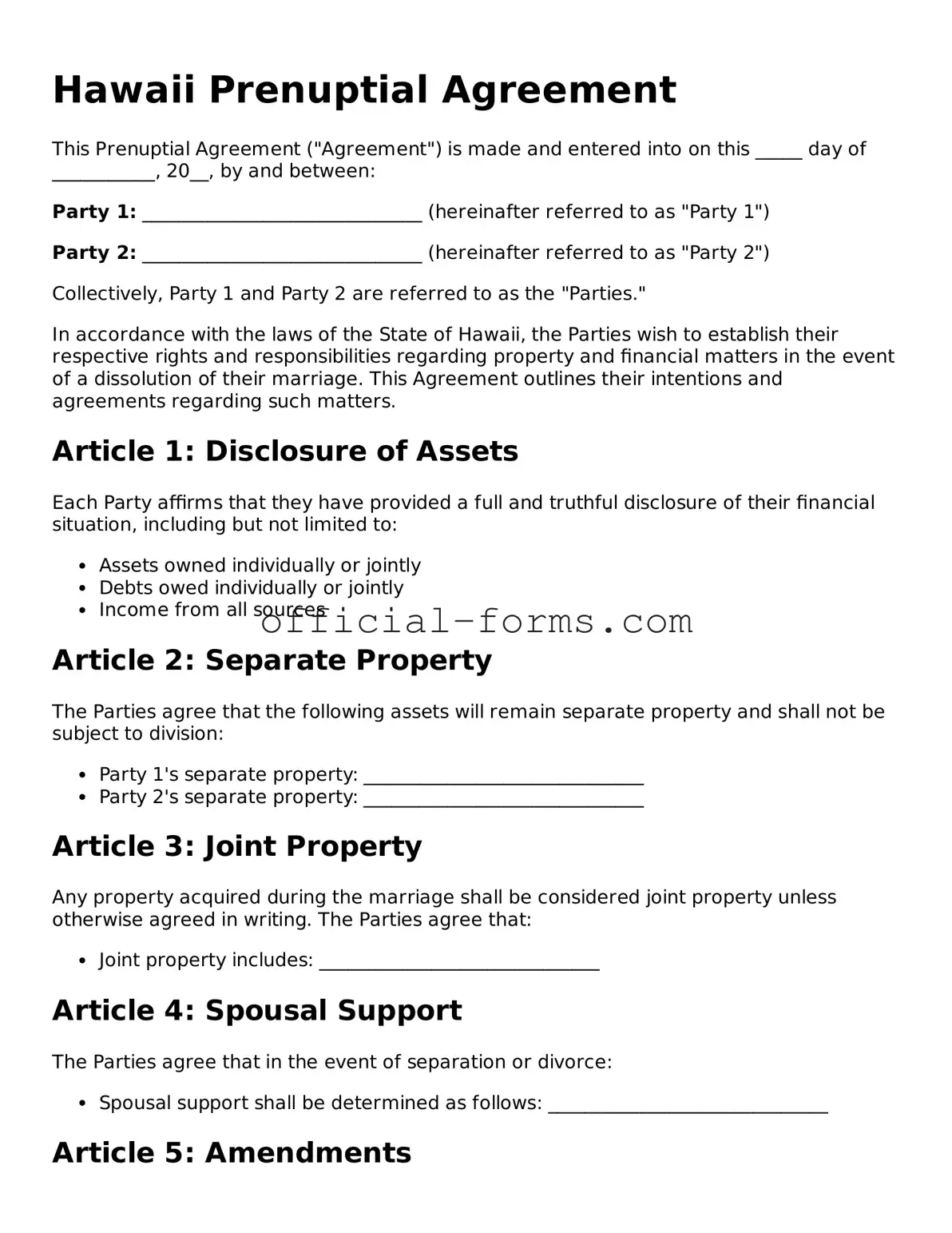 Official Hawaii Prenuptial Agreement Document