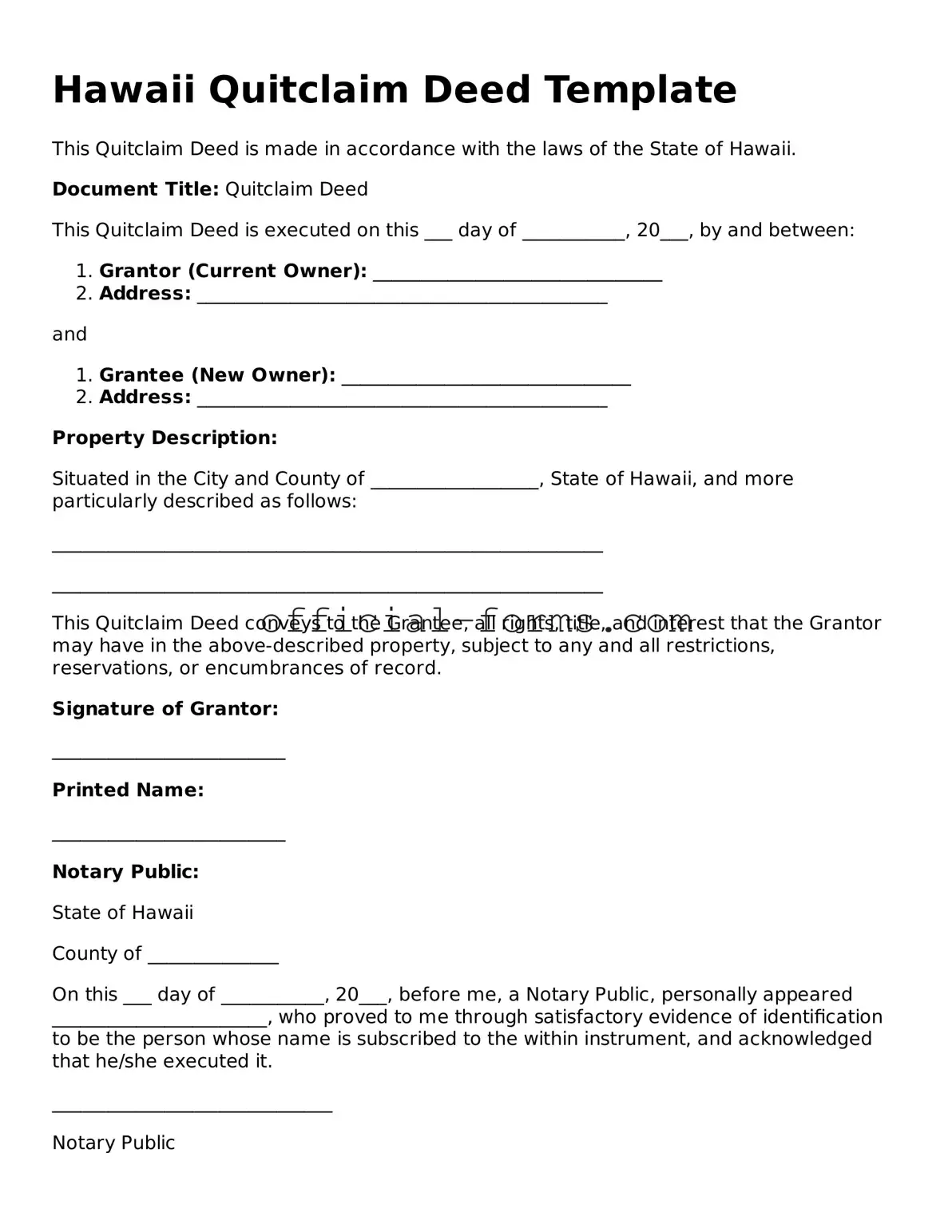Official Hawaii Quitclaim Deed Document