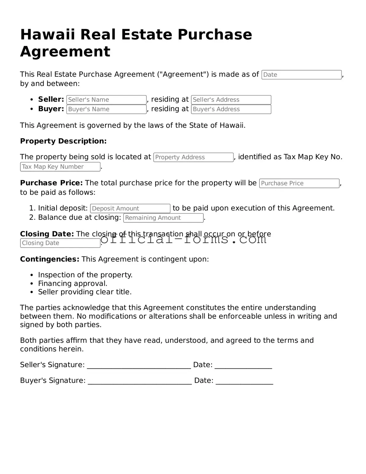 Official Hawaii Real Estate Purchase Agreement Document