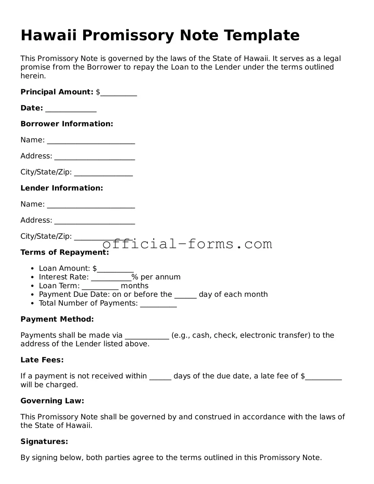 Official Hawaii Promissory Note Document