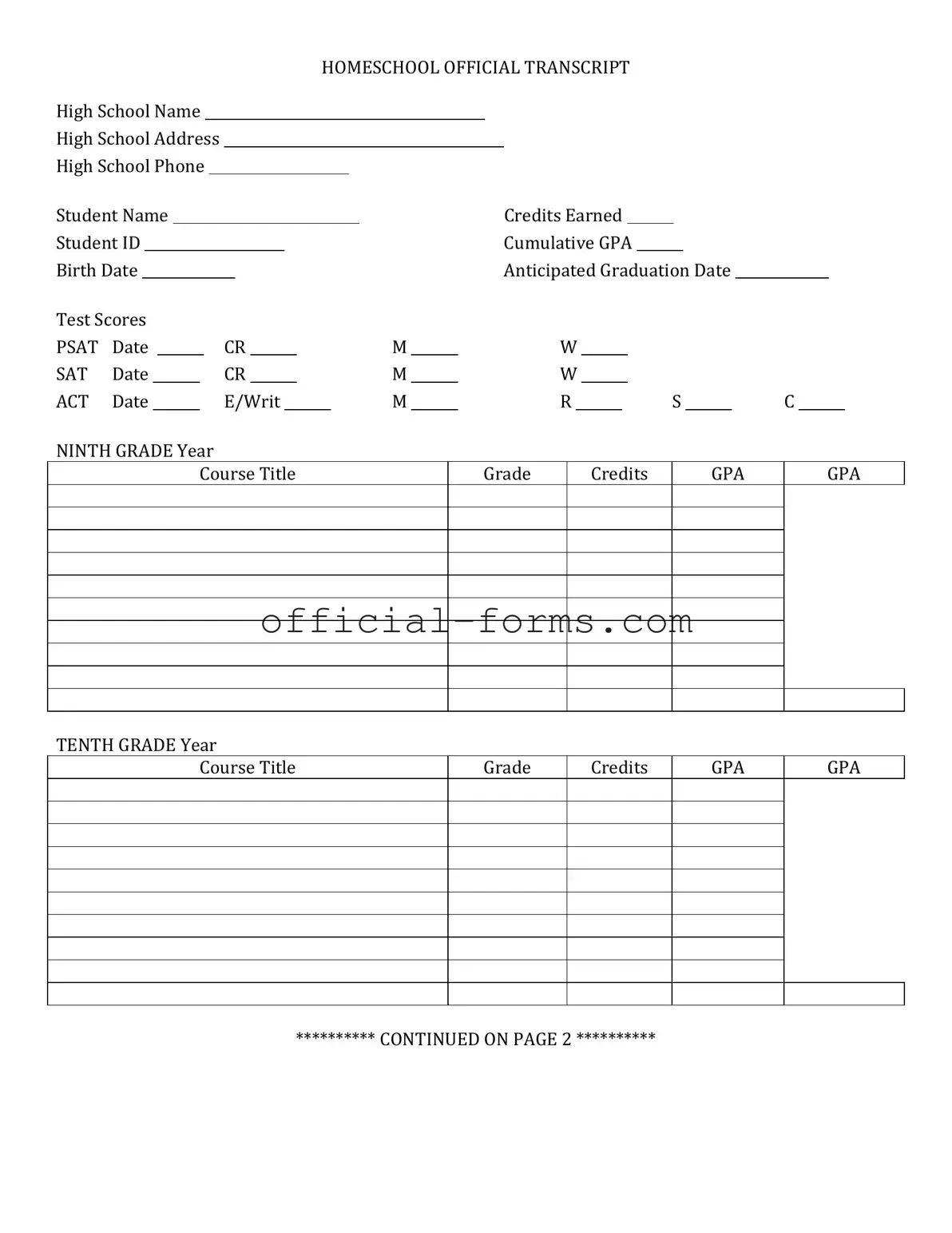 Blank High School Transcript Form