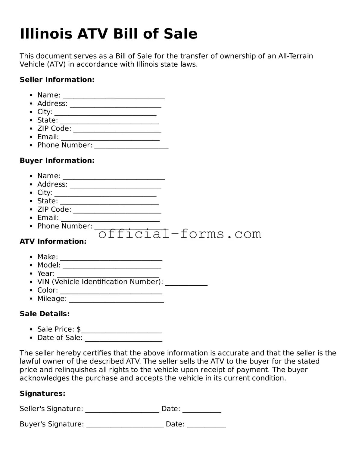 Official Illinois ATV Bill of Sale Document