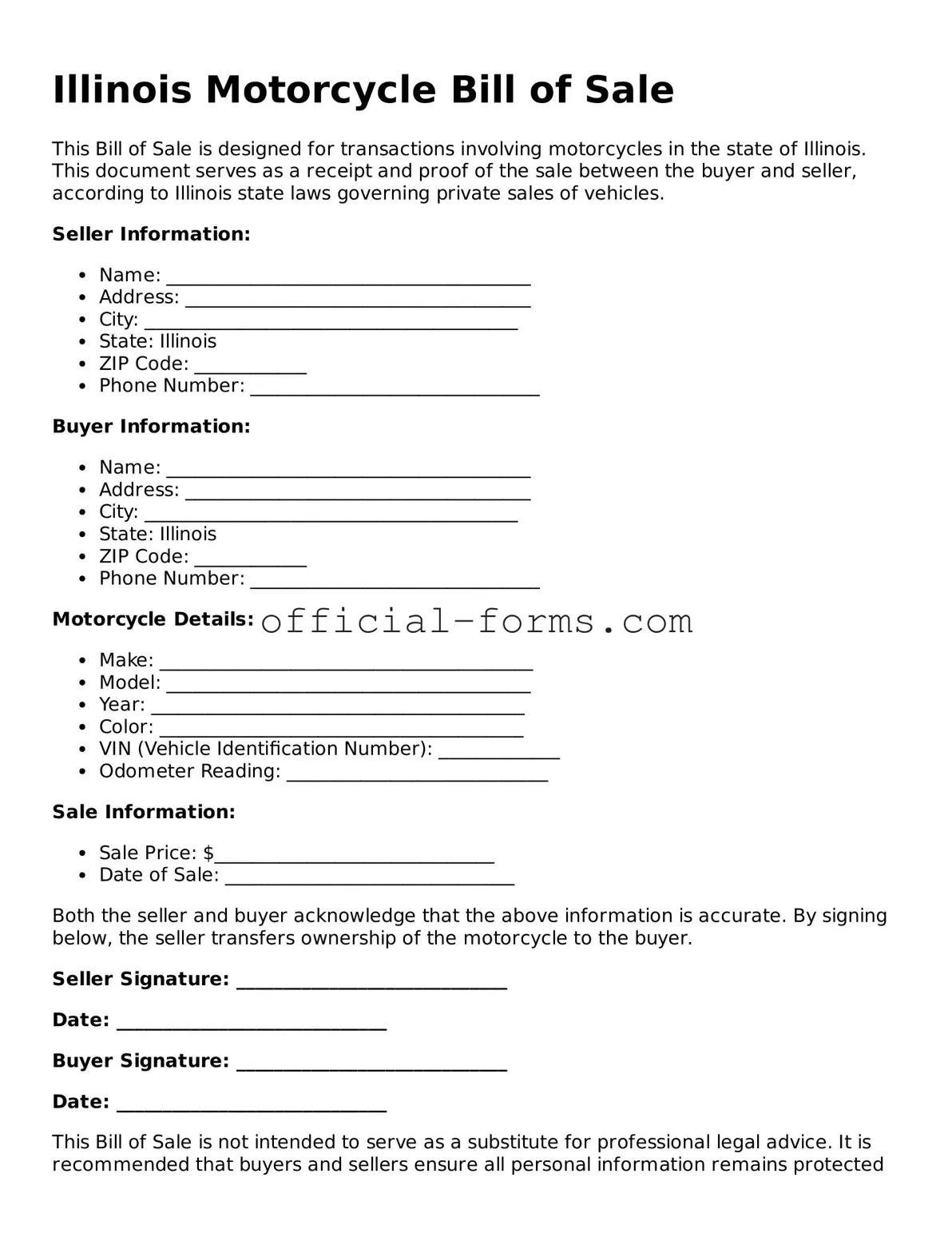 Official Illinois Motorcycle Bill of Sale Document