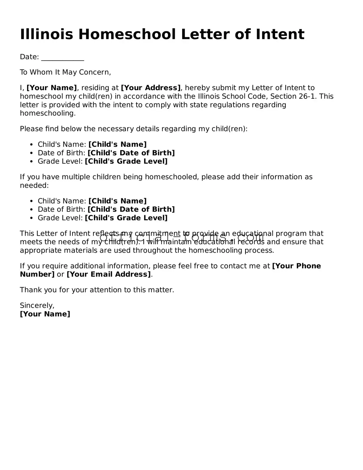 Official Illinois Homeschool Letter of Intent Document