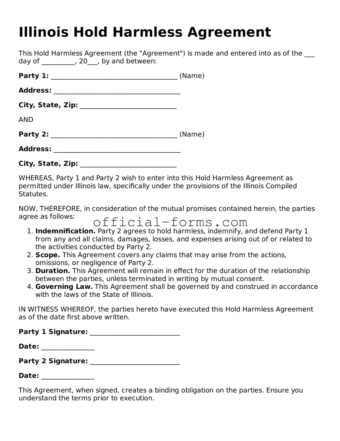 Official Illinois Hold Harmless Agreement Document
