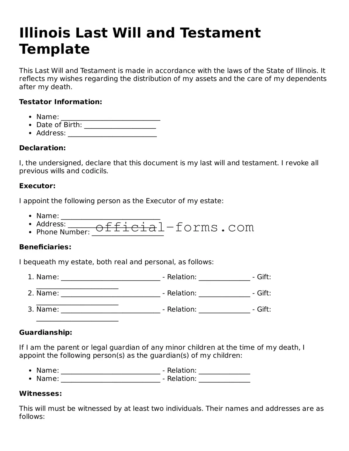 Official Illinois Last Will and Testament Document