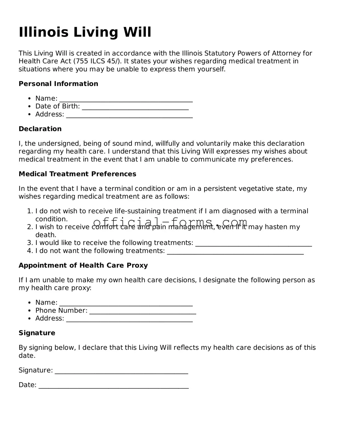 Official Illinois Living Will Document