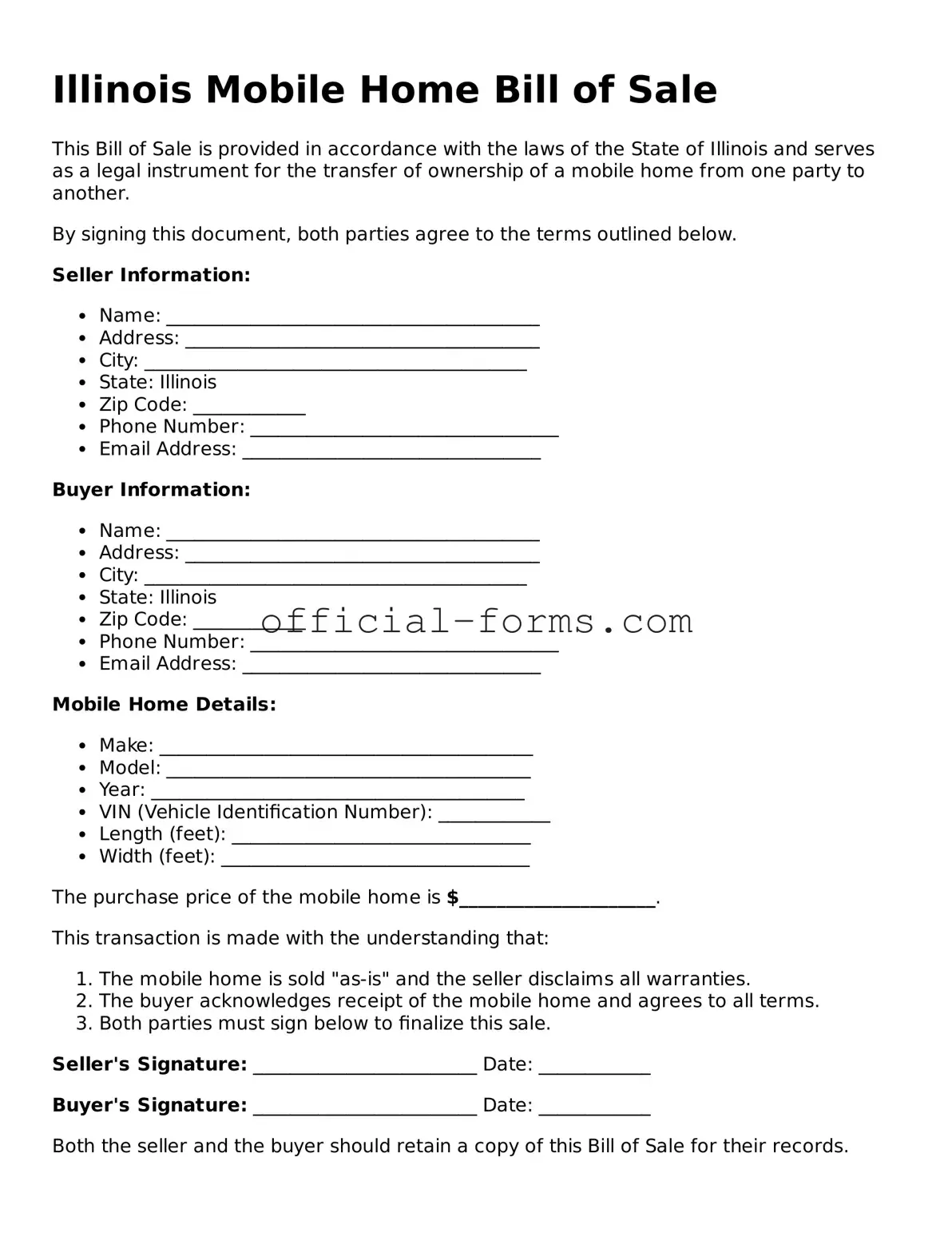 Official Illinois Mobile Home Bill of Sale Document