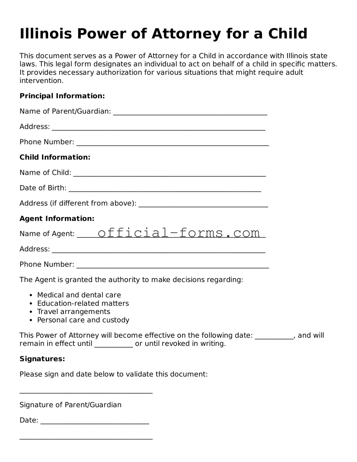 Official Illinois Power of Attorney for a Child Document
