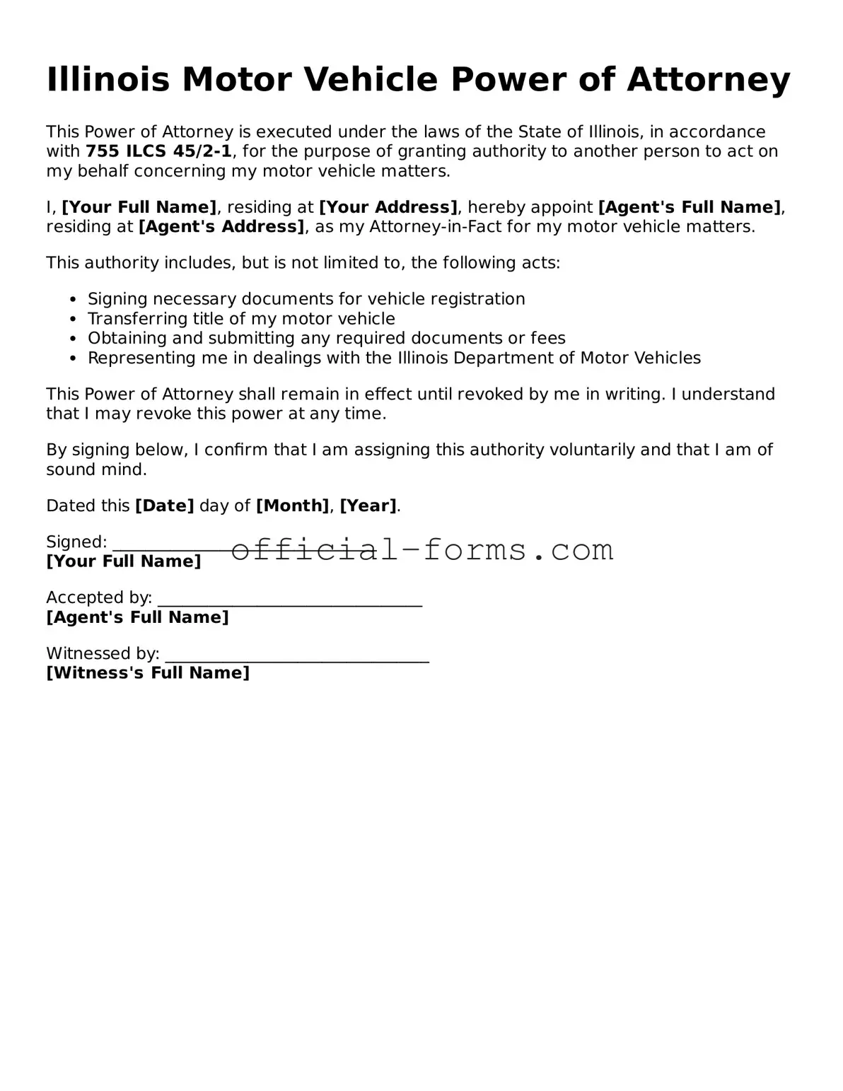 Official Illinois Motor Vehicle Power of Attorney Document