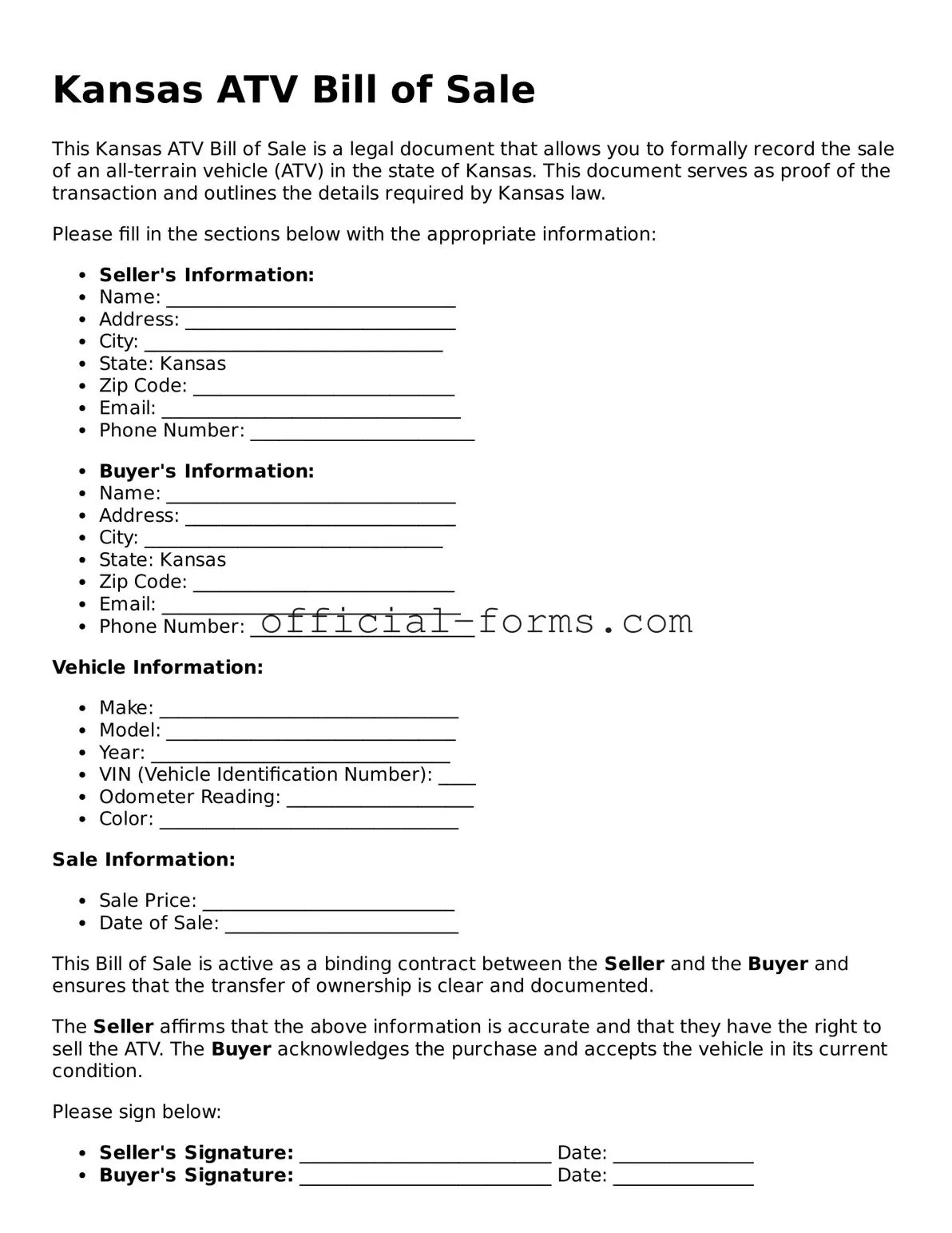 Official Kansas ATV Bill of Sale Document