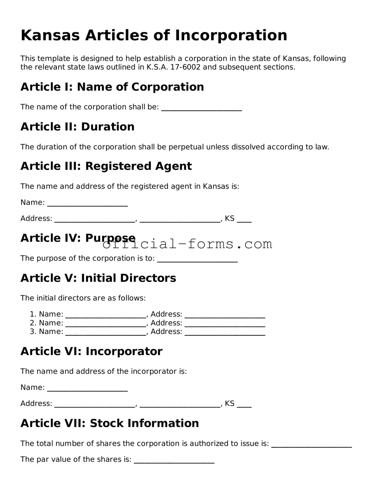 Official Kansas Articles of Incorporation Document