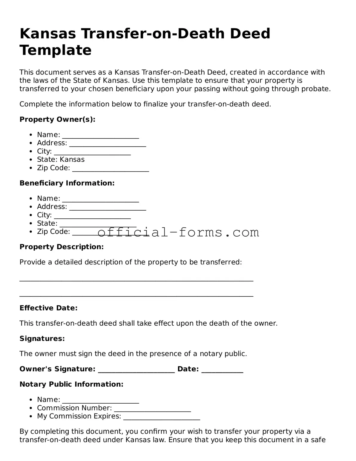 Official Kansas Transfer-on-Death Deed Document