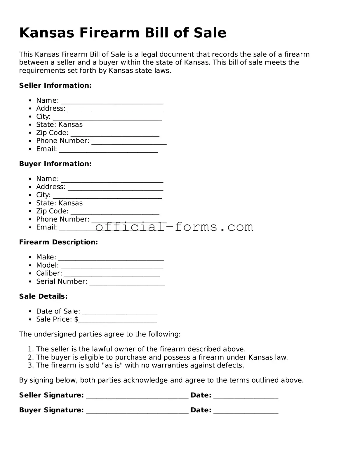 Official Kansas Firearm Bill of Sale Document