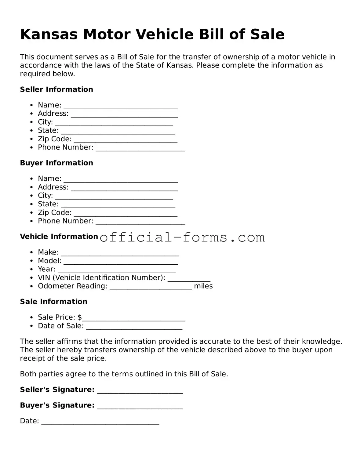 Official Kansas Motor Vehicle Bill of Sale Document