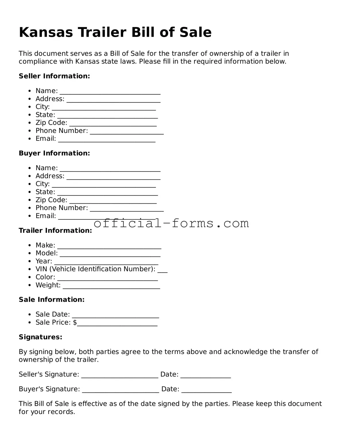 Official Kansas Trailer Bill of Sale Document