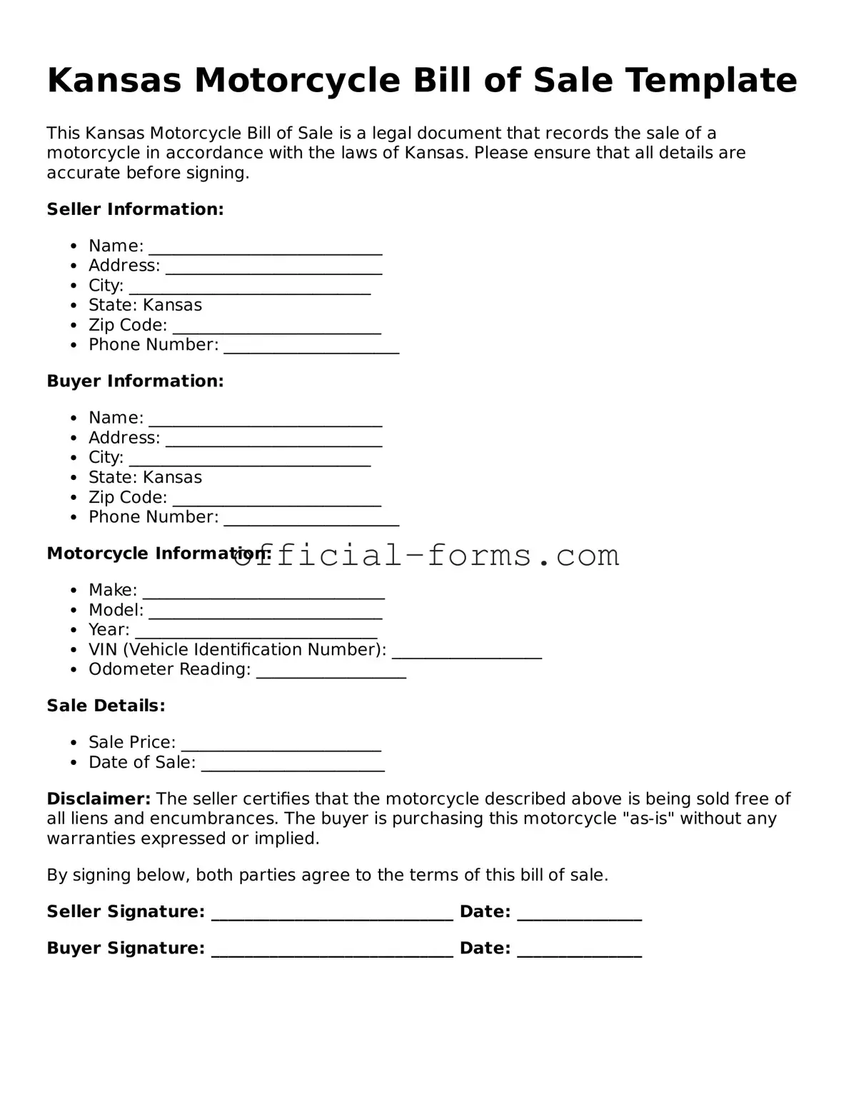 Official Kansas Motorcycle Bill of Sale Document
