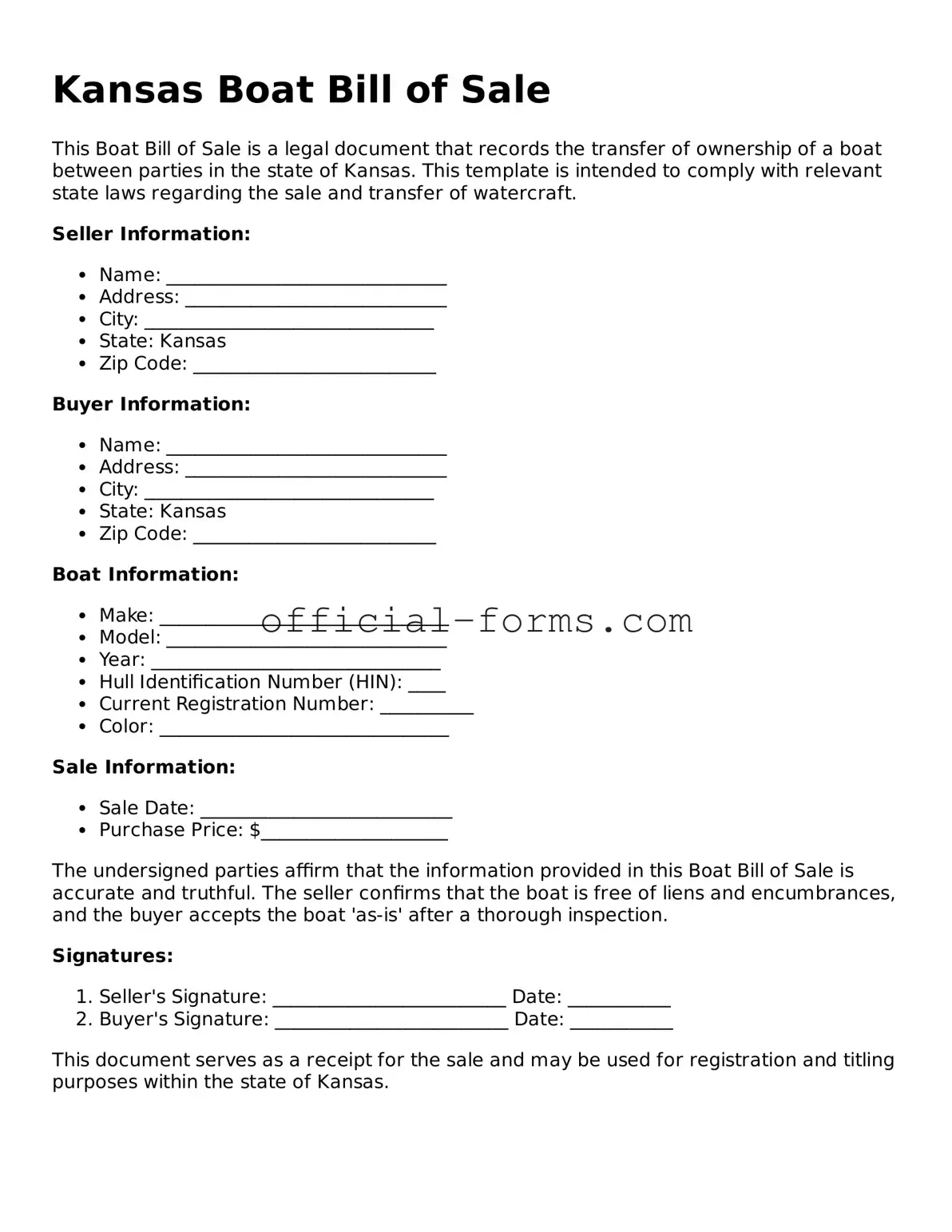 Official Kansas Boat Bill of Sale Document