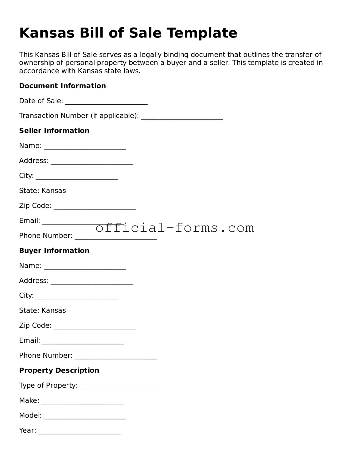 Official Kansas Bill of Sale Document