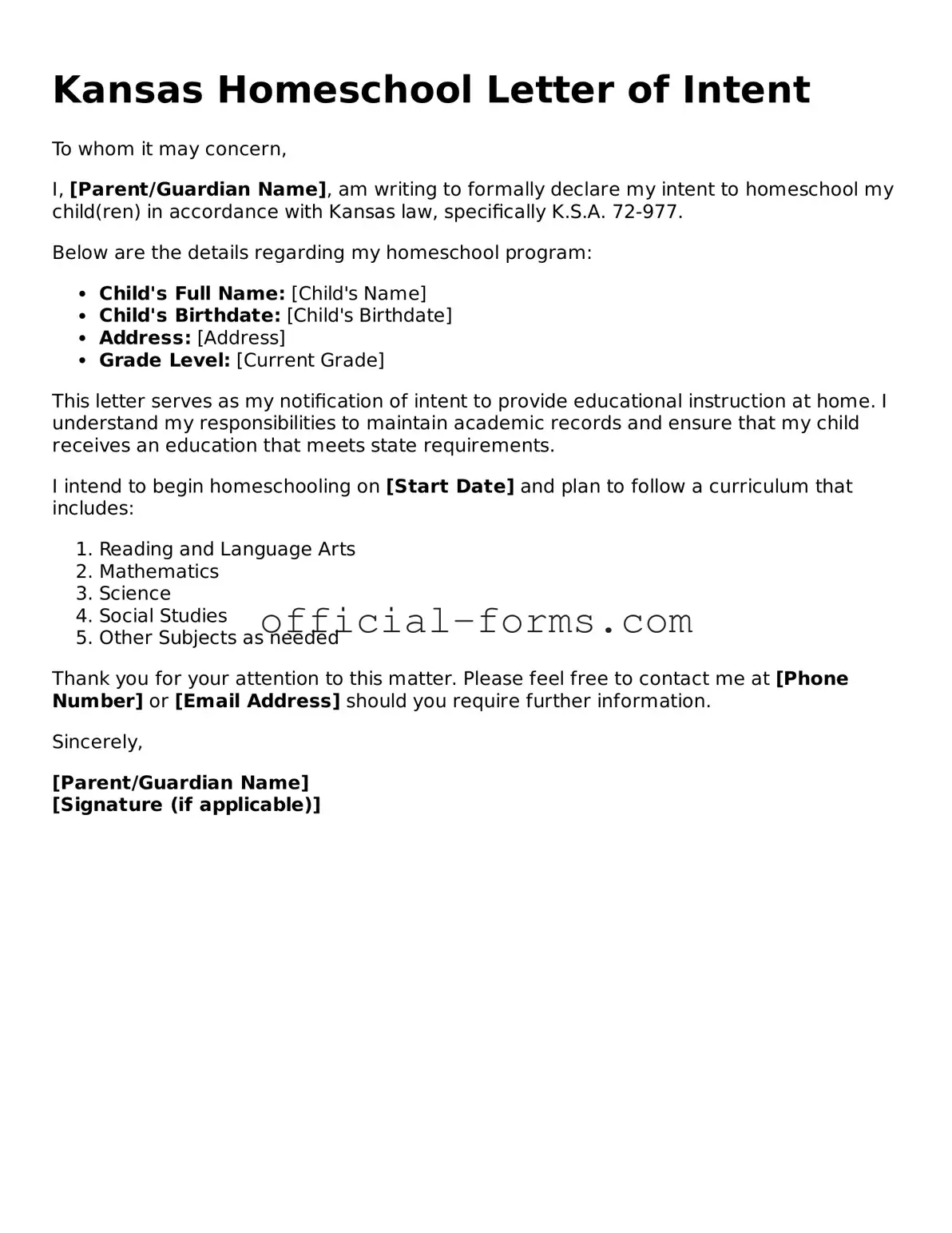 Official Kansas Homeschool Letter of Intent Document