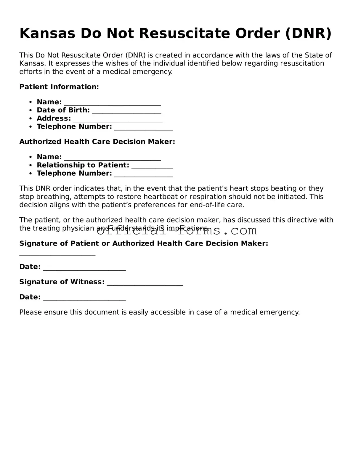 Official Kansas Do Not Resuscitate Order Document
