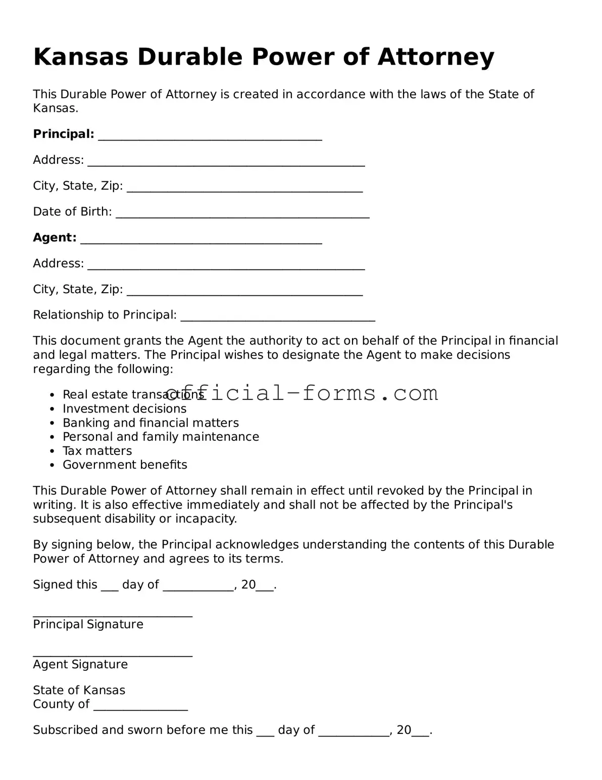 Official Kansas Durable Power of Attorney Document