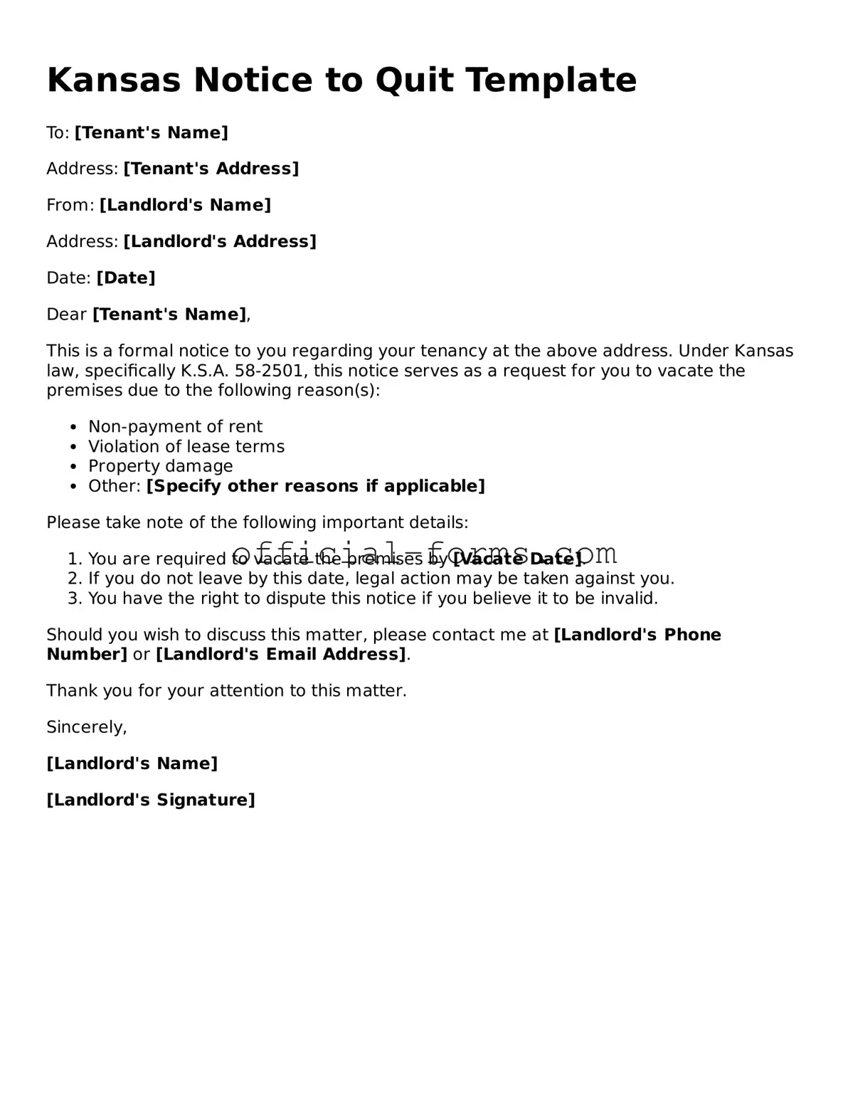 Official Kansas Notice to Quit Document