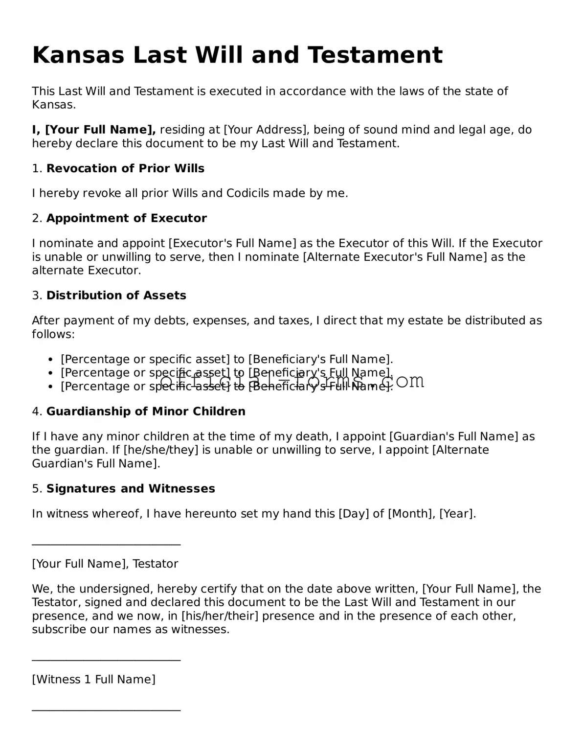 Official Kansas Last Will and Testament Document