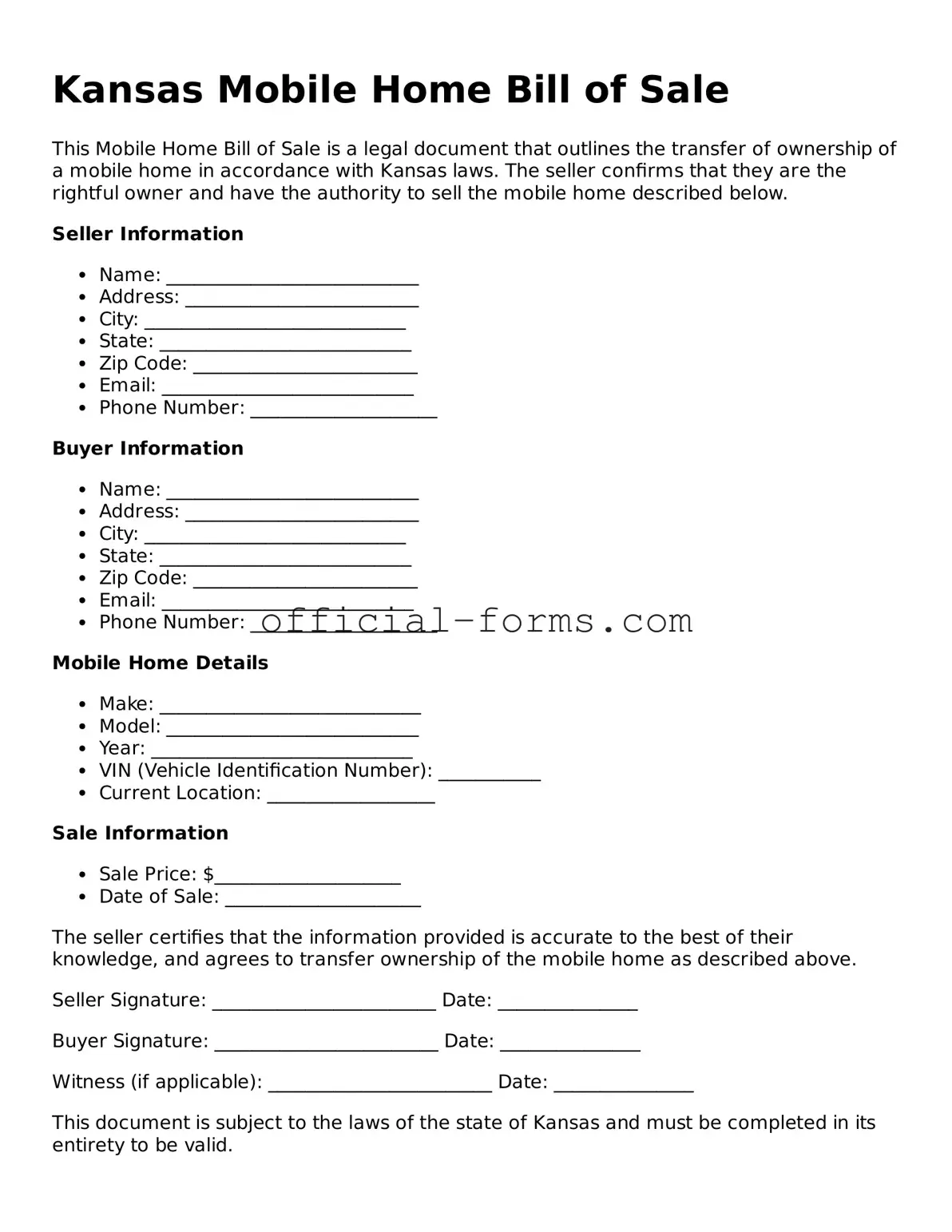 Official Kansas Mobile Home Bill of Sale Document
