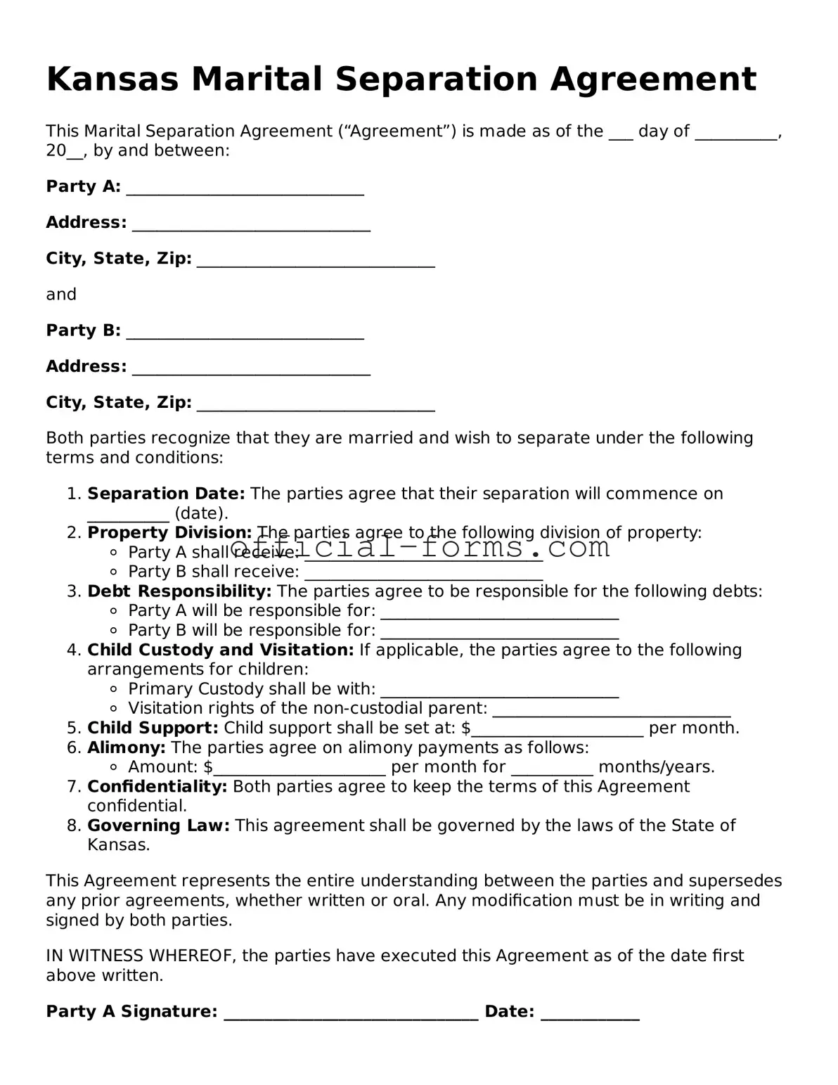 Official Kansas Marital Separation Agreement Document